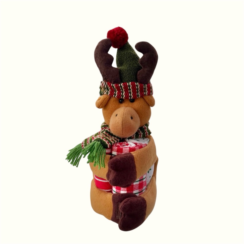 Plush Reindeer Hand Towel Holder with Three Hand Towels